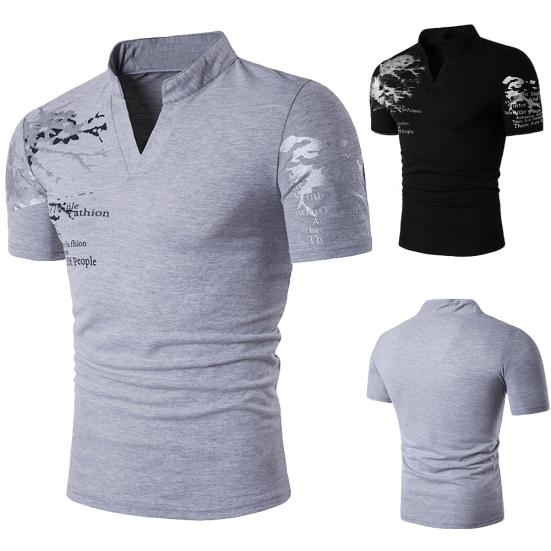Pánské letní tričko s potiskem písmen, stojáčkem, výstřihem do V, krátkým rukávem, slim fit top