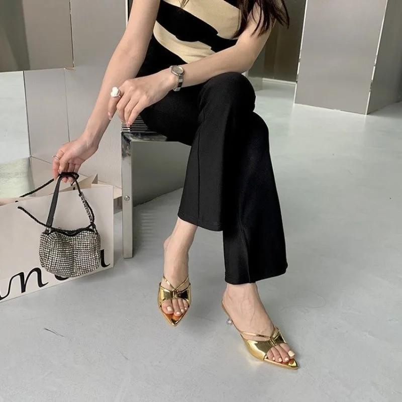 fashion Women's Middle Heel Slipper New Pointed Toe Fashion Open Toe Flip Flops Ladies Casual Slides Shoes Sandalias Mujer Verano 2024