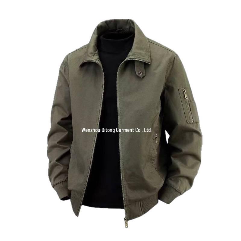 Men's Retro Pilot Lapel Cotton Jacket - Solid Color, Plus Size, Spring/Autumn Workwear Style