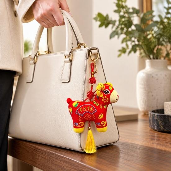 Auspicious Animal Hanging Charm Chinese New Year Sheep Plush Ornament, Traditional Embroidery Lamb Red Fabric Decor Pendant with Tassel, Zodiac Mascot