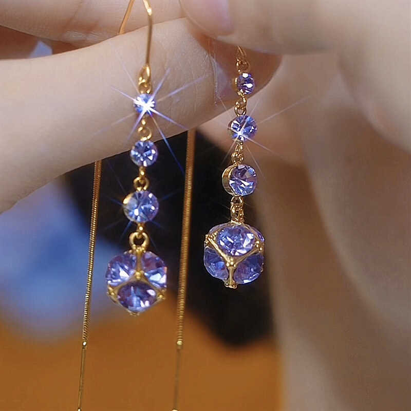 

Super flash purple rhinestone lucky ball long earrings, designed to show a thin face, fringed earrings for women