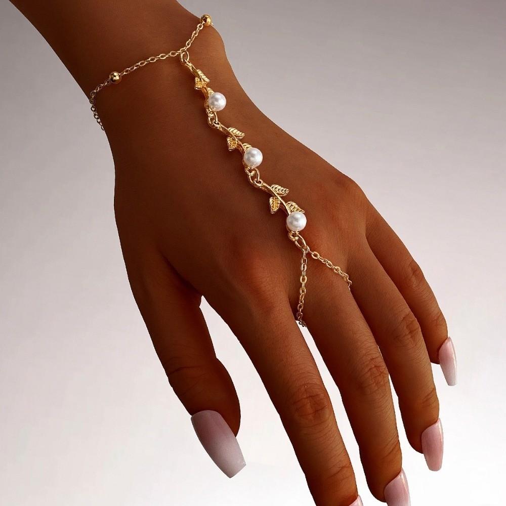 Gold Color Chain Ring Bracelet Starfish Flower Pearl Bracelet Finger Bracelet Jewelry Accessories