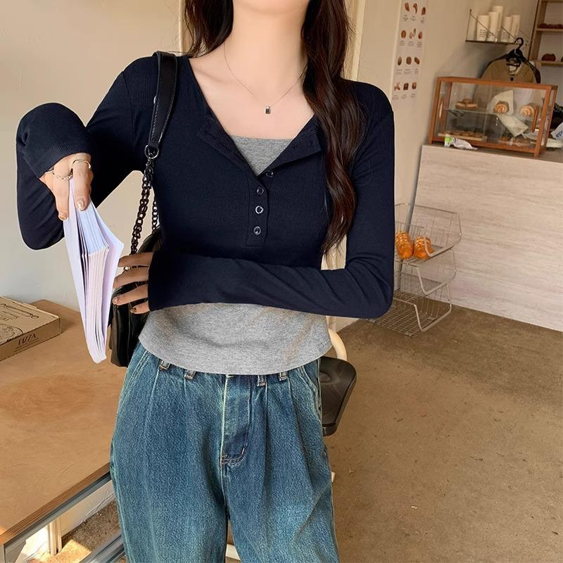 

Майярдовая цветная блочная облегающая базовая рубашка-двойка для женщин на осень и зиму с полуоткрытым воротником, длинными рукавами, внутренний топ-футболка XL