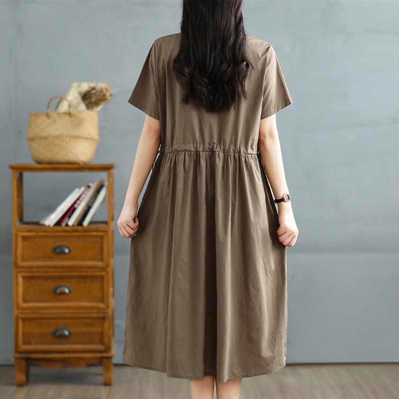 DIMANAF New 2025 Plus Size Summer Dress Women Basic Solid Casual Short Sleeve Dress Loose Pockets