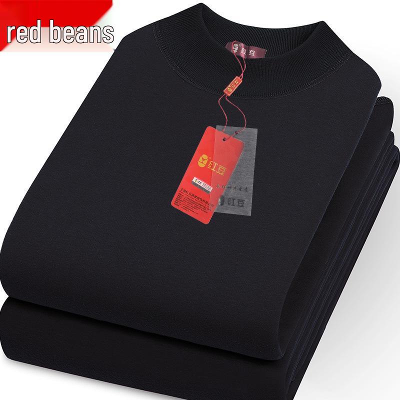Men's Red Bean Warm Underwear Set: Plus Velvet Mid-Neck Top & Pants, Cotton Wool Sweater for Autumn/Winter