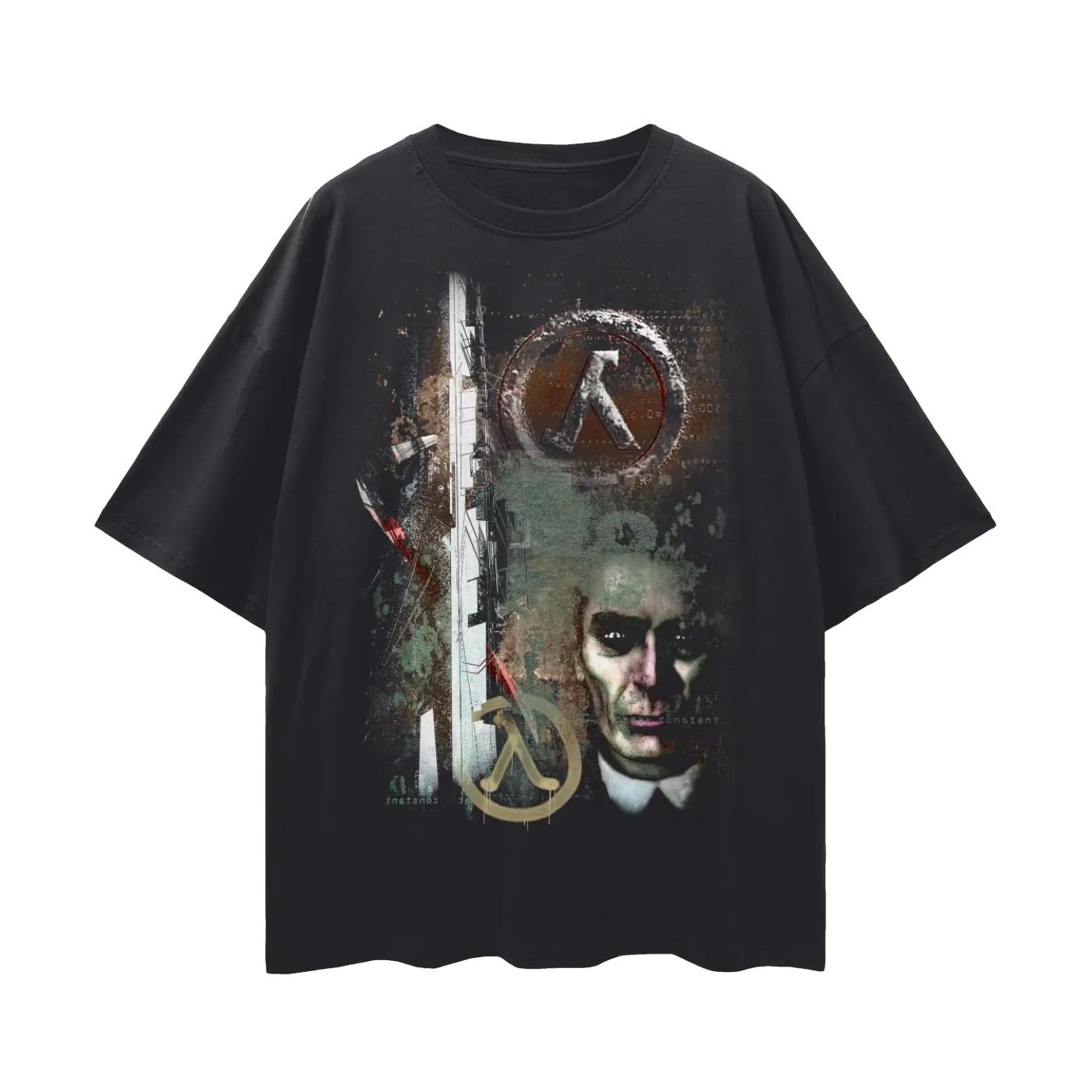 ZX 2026 Chinese New Year Half Life Retro Gaming 100 Cotton Loose Drop Shoulder Tshirt Mens Round Neck Short Sleeve 2XL