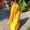 Maxi Dress Backless Casual Floor-length Solid Color Big Swing Strap Pocket Sling Dress for Beach