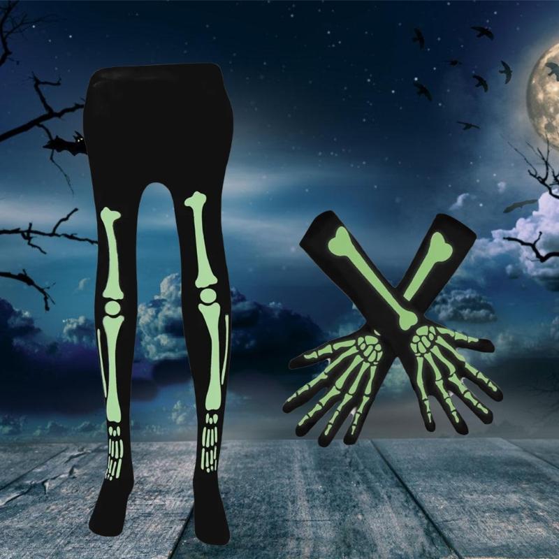 Leuchtende Skelett-Socken Skelett-Handschuhe Leuchten im Dunkeln Strumpfhosen Skelett-Knie Hohe Socken Halloween-Kostümzubehör