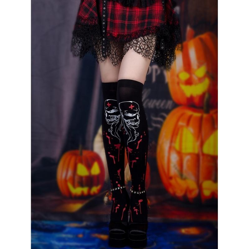 Women Thigh High Socks Over the Knee High Stockings Japanese Skeleton Skull Print Long Socks Thin Halloween Stockings