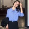 Blue Striped Women's Shirt Bow Design Fashionable Long Sleeved Shirts Commuting Style Ladies Waist Cinched Design Top