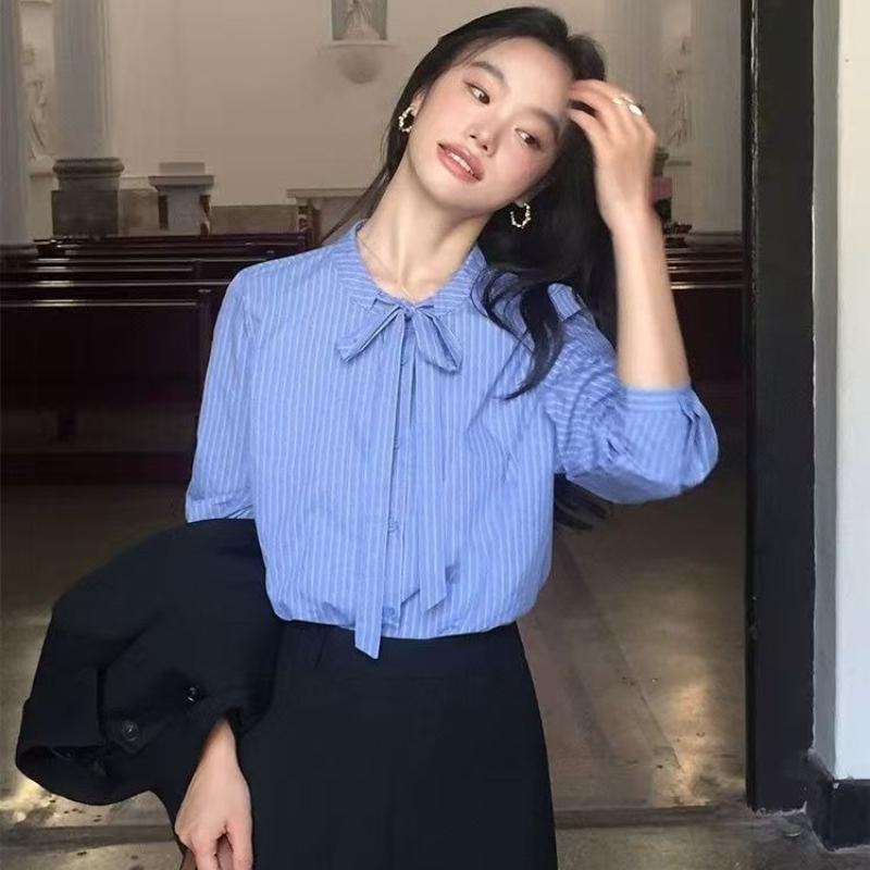 Blue Striped Women's Shirt Bow Design Fashionable Long Sleeved Shirts Commuting Style Ladies Waist Cinched Design Top