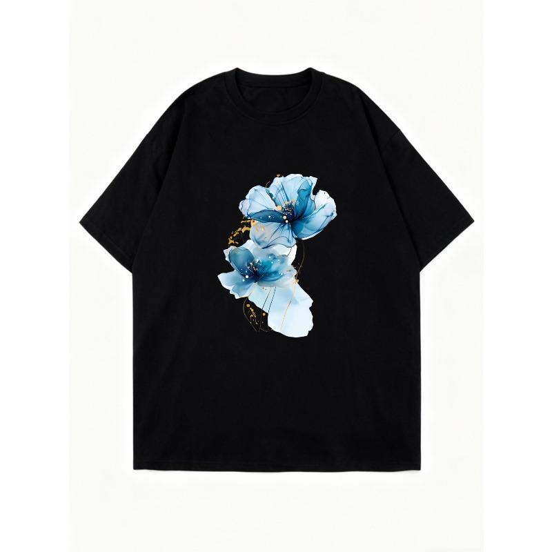 Oversized T Shirt Dress Black Blue Floral Print For Casual Wear