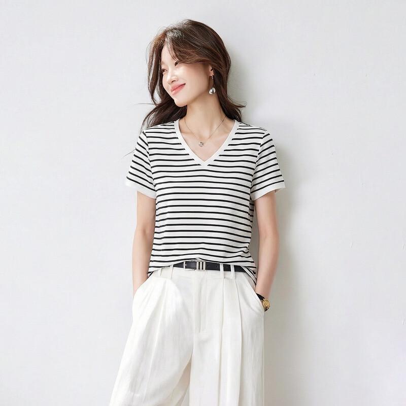 Srcr Women's 100% Mulberry Silk Striped V-neck Short Sleeve T-Shirt
