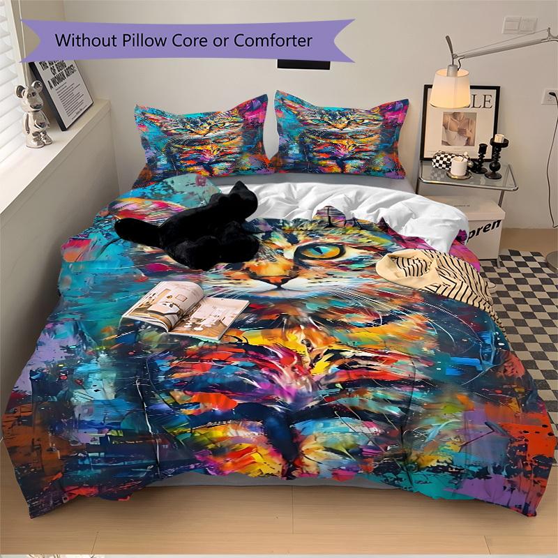 3pcs Colorful Cat Art Print Duvet Cover Set - Includes 1 Duvet Cover and 2 Pillowcases, No Quilt Core, All-Season Home Decor Yy251111058