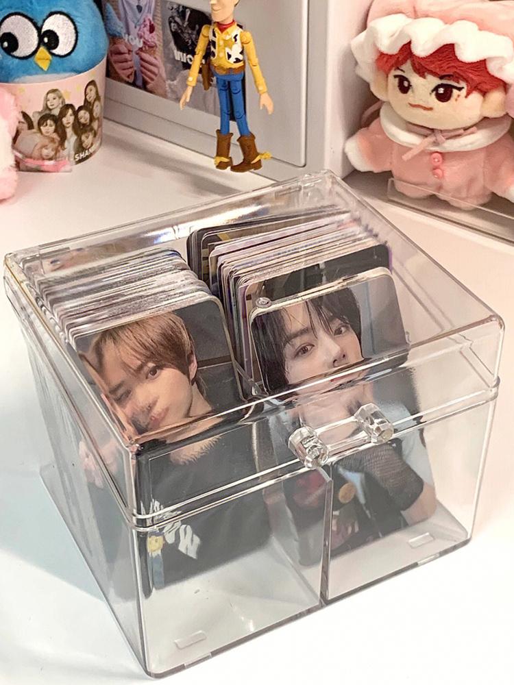 Clear Acrylic Small Card Storage Box - 2-Compartment Flip Top Display Card Case for K-Pop Photocards Anime Collectibles