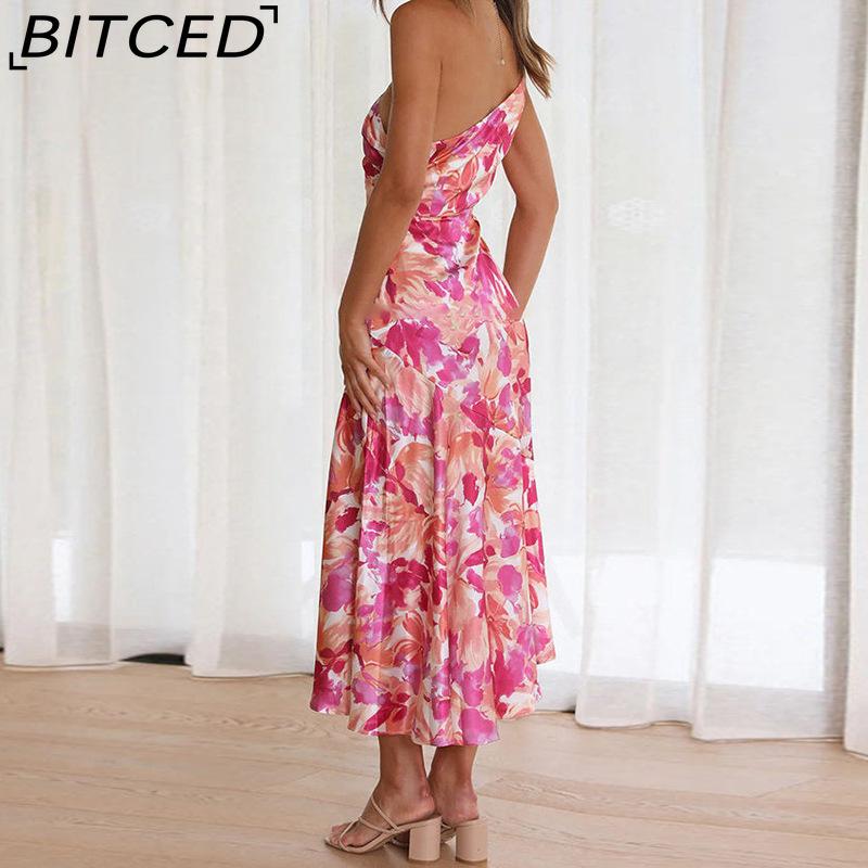 BITCED Women's Commuter Dress: Minimalist, Elegant, and Stylish with a Slanted Neckline, Straps, and a Fishtail Print