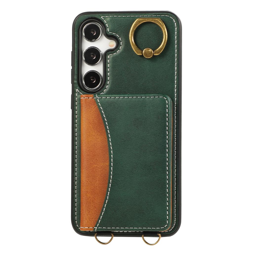 For Samsung Galaxy S24 PU Leather Back Case Card Holder Kickstand Phone Cover with Wrist Strap