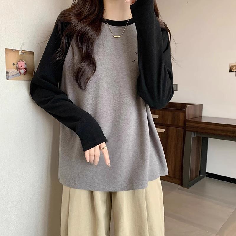 Raglan Long-sleeved Color-blocked T-shirt for Women In Winter Australian Velvet Cold-resistant and Warm German Velvet Thickened Loose Bottoming Shirt