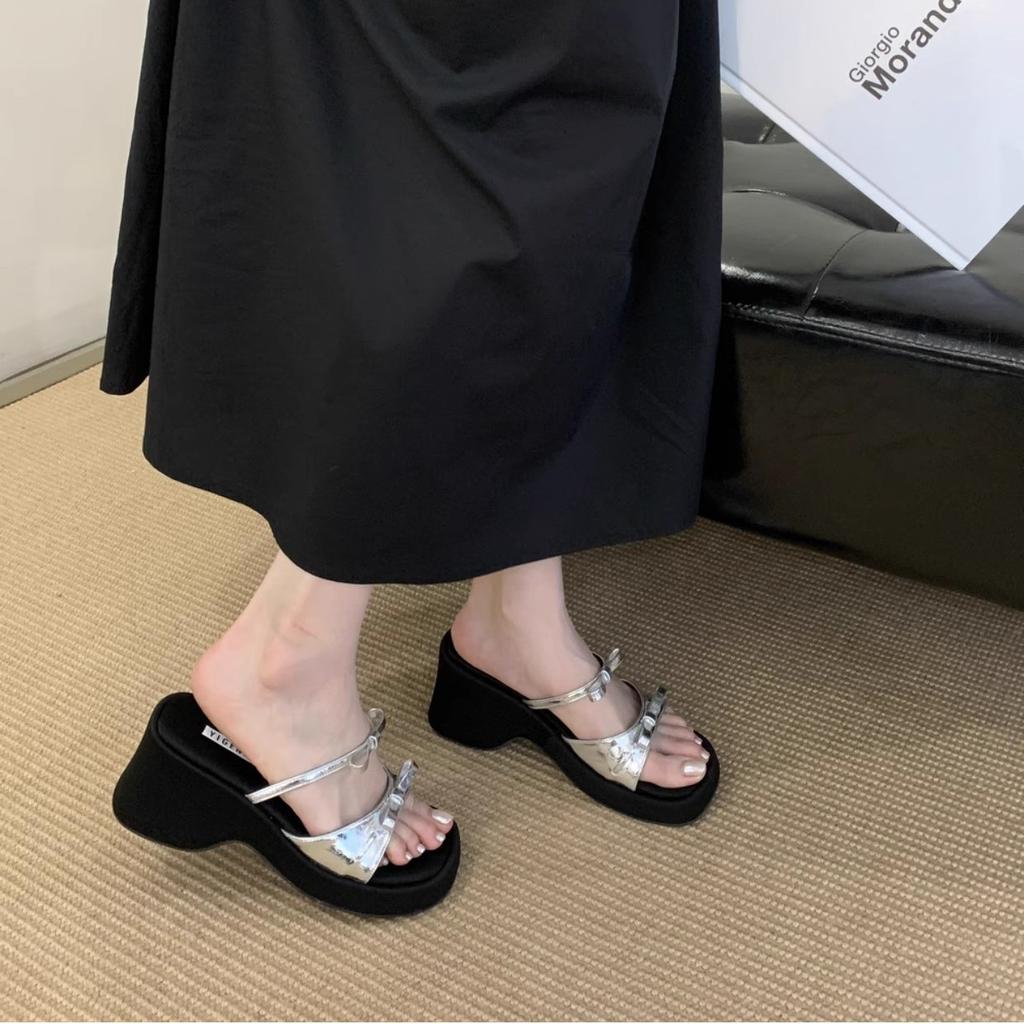 Wedge heel heightened silver bow open-toed cool slippers outer wear women's shoes 2025 new summer thick-soled versatile sandals