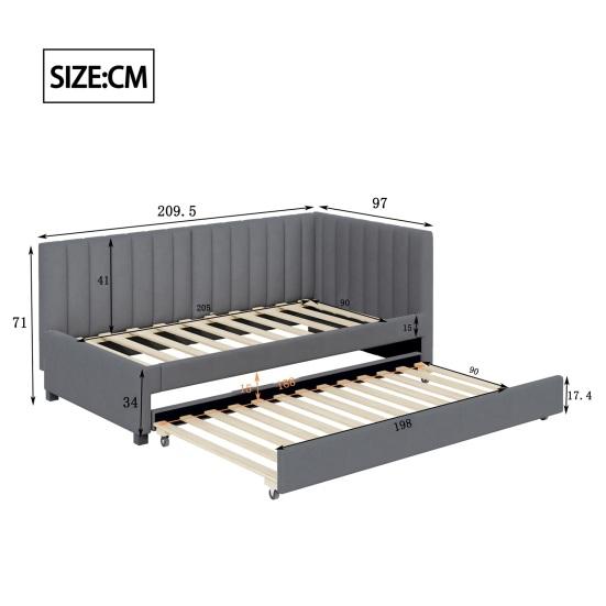 90x200cm Velvet Fabric Upholstered Bed with Pull-out Bed Headboard Line Texture Strong Wood Slat Support Bed Home Furniture, Grey