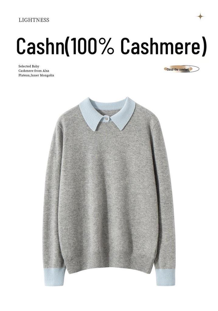 Women's 100% Pure Cashmere Color Block Polo Collar Sweater - Long Sleeve Knit Pullover for Autumn/Winter