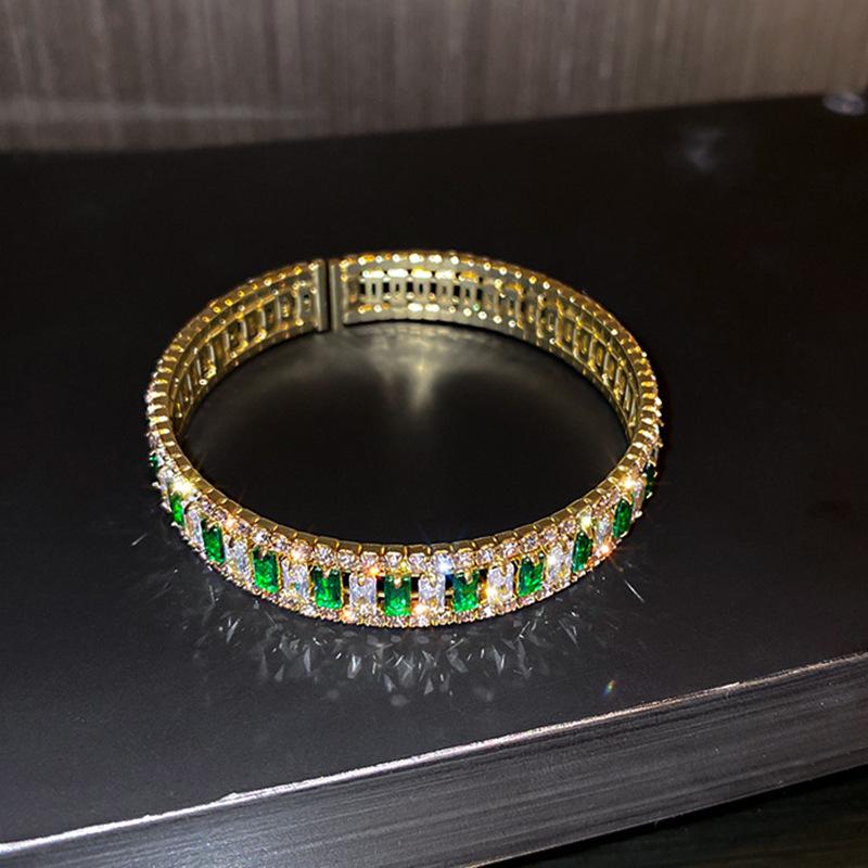 Emerald Diamond Open Bracelet, Niche Design, Korean Style Fashion Jewelry