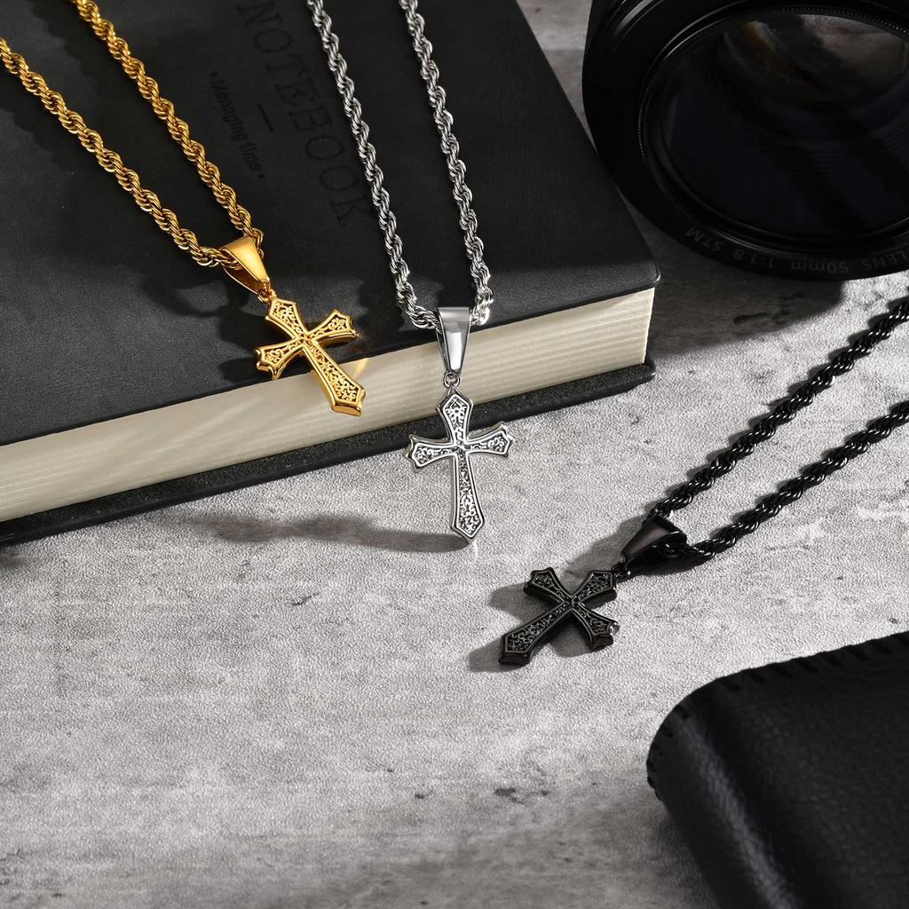 Personality Stainless Steel Cross Pendant Necklace for Men Boys, Retro Religious Faith Prayer Jewelry Gift