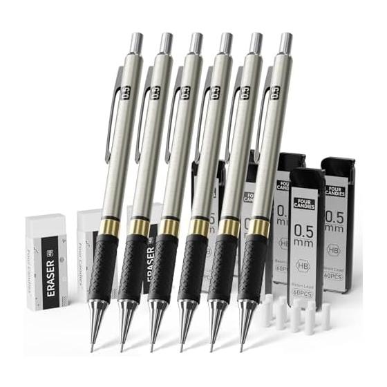 Four Candies Metal Mechanical Pencil Set, 6 Pcs 0.5mm Art Mechanical Pencils, 360 Pcs HB Lead Refills, 3 Pcs Erasers, 9 Pcs Eraser Refills, Sketching