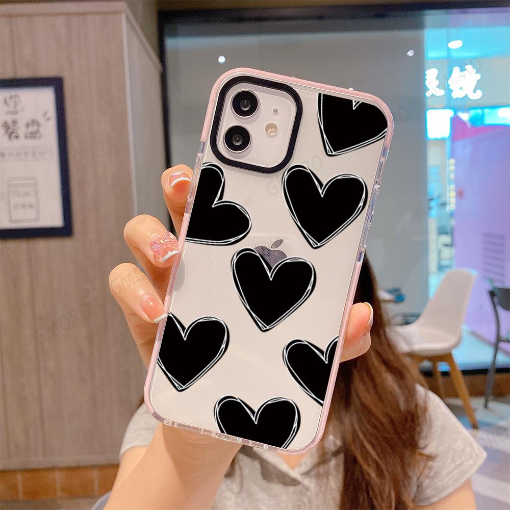 Ins Internet Celebrity Same iPhone13 Simple Black Love Mobile Phone Case Apple 16Pro Two-color Transparent Soft Case 17