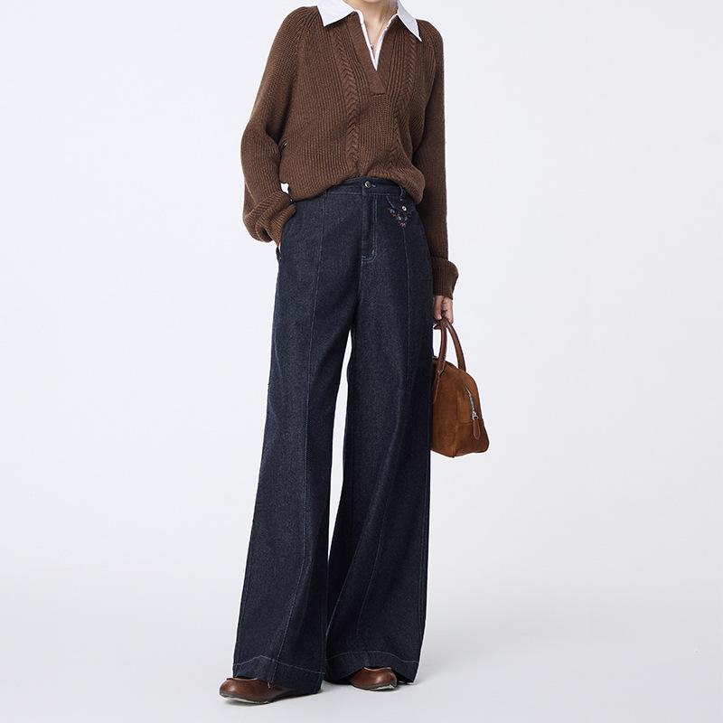 Wool embroidered wide-leg jeans women's autumn and winter high waist drape loose retro floor-mopping trousers
