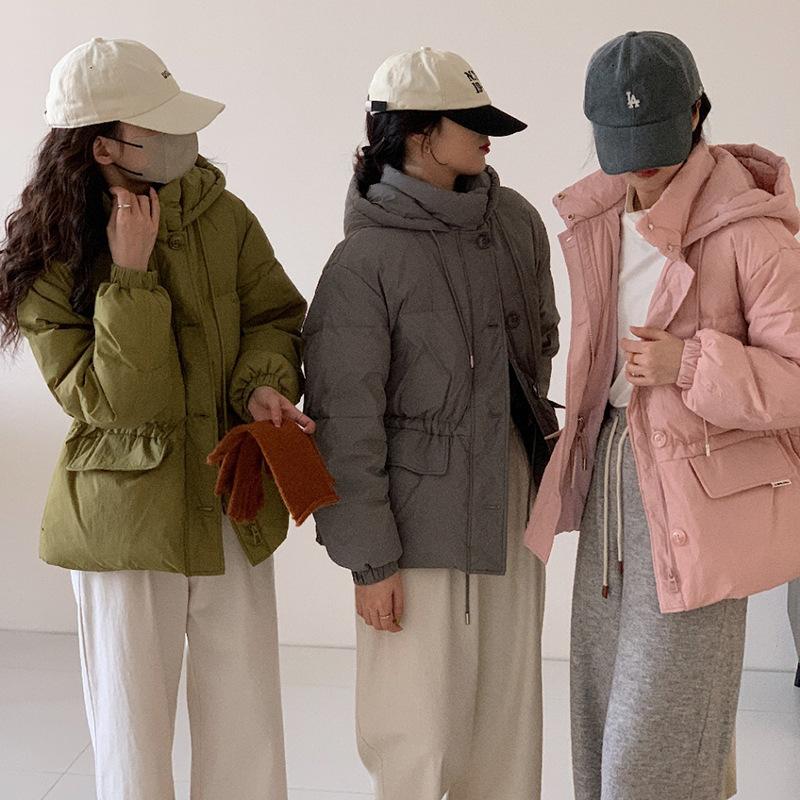 Fashion sweet drawstring down jacket women's short winter new hooded waist thin small warm jacket