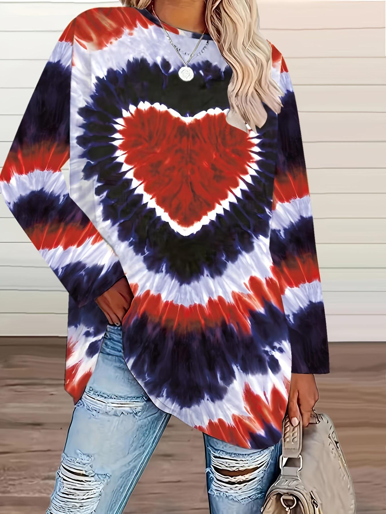 

Women s Plus Size Heart Print Long Sleeve Top - Elegant Round Neck for Autumn/Winter 1XL красный