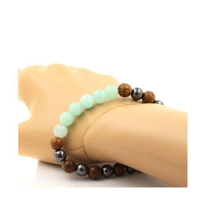 Pierres et Minéraux. Bracelet Perles Amazonite + Hématite + bois 8 mm. Fabriqué en France.