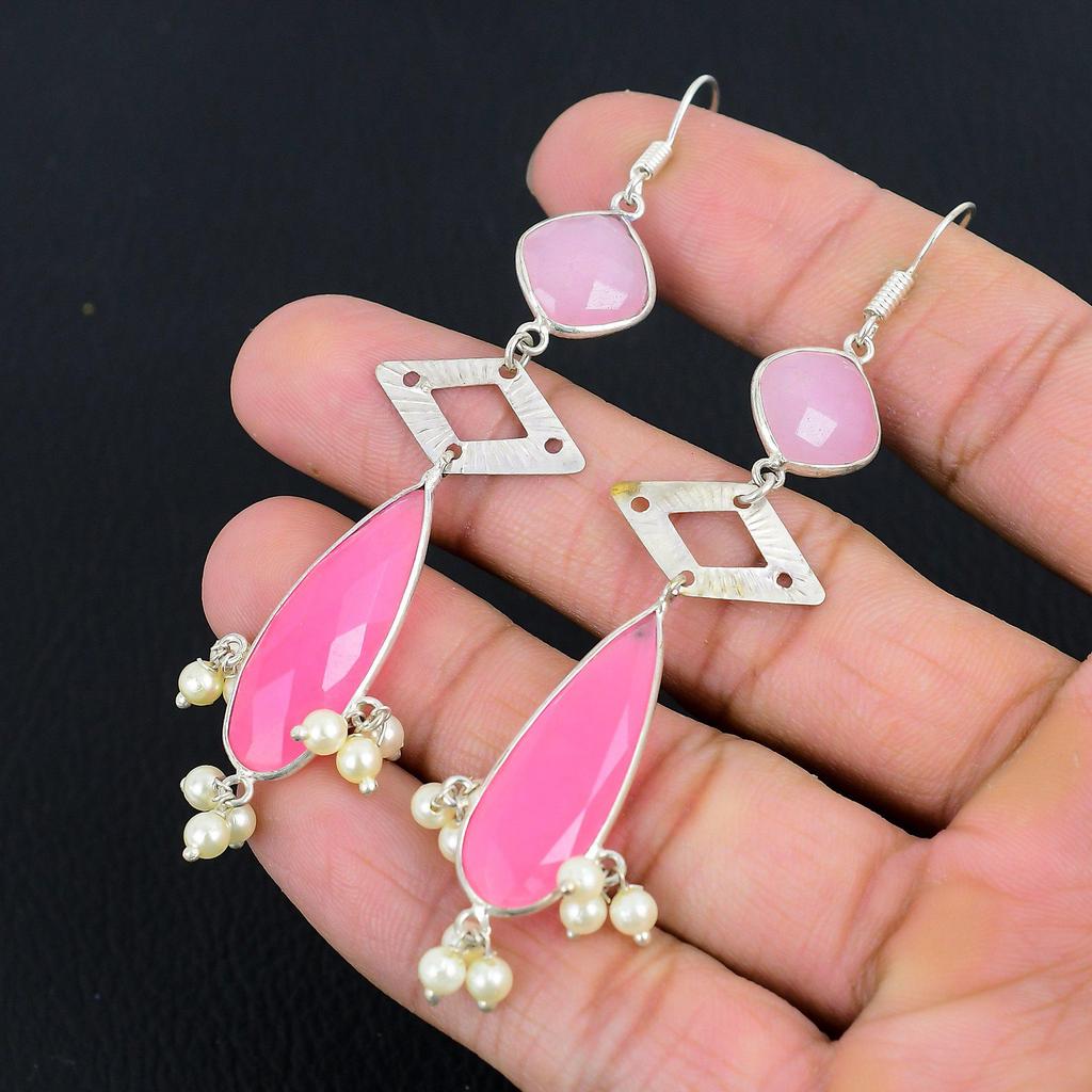 Natürlicher Rosa Chalcedon Sterlingsilber Trendige Hängende Elegante Ohrringe Schmuck
