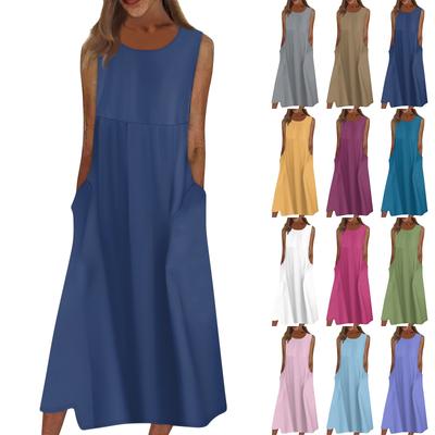 Dámské neformální tištěné šaty s kulatým výstřihem, základní klasické venkovní denní šaty bez rukávů volné