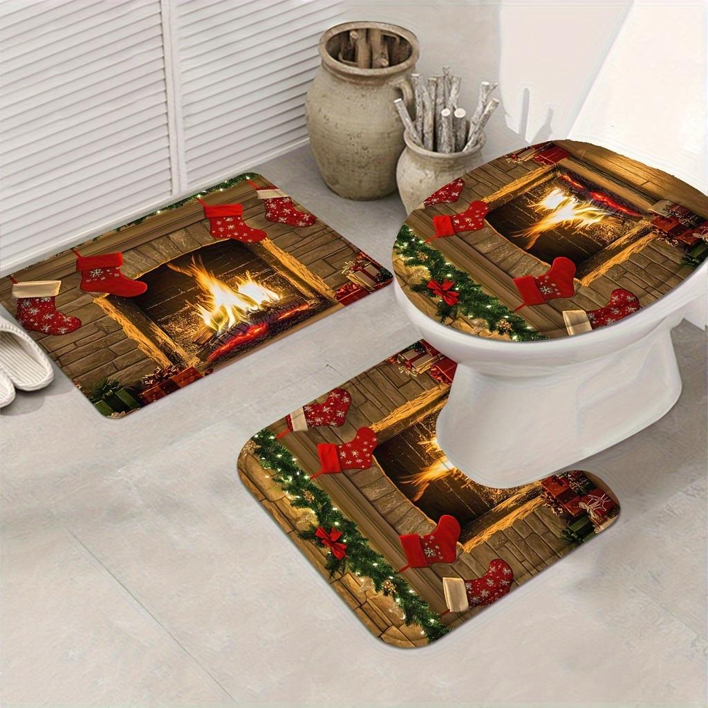 4Pcs Bathroom Shower Curtain Set Christmas Fireplace Pattern Bathroom Curtain With 12 Hooks Non Slip Rugs Toilet Cover Mat Bathroom Partition