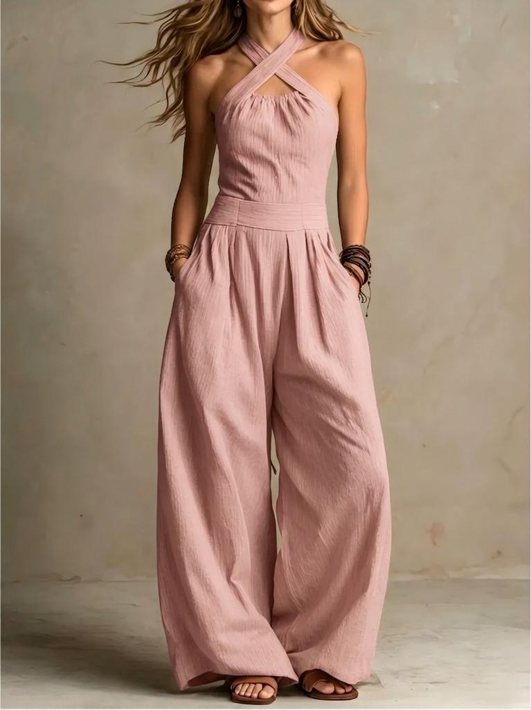 2026 summer new neck cross jumpsuit, European and American style waist back wide-leg pants, cross-border women's clothing