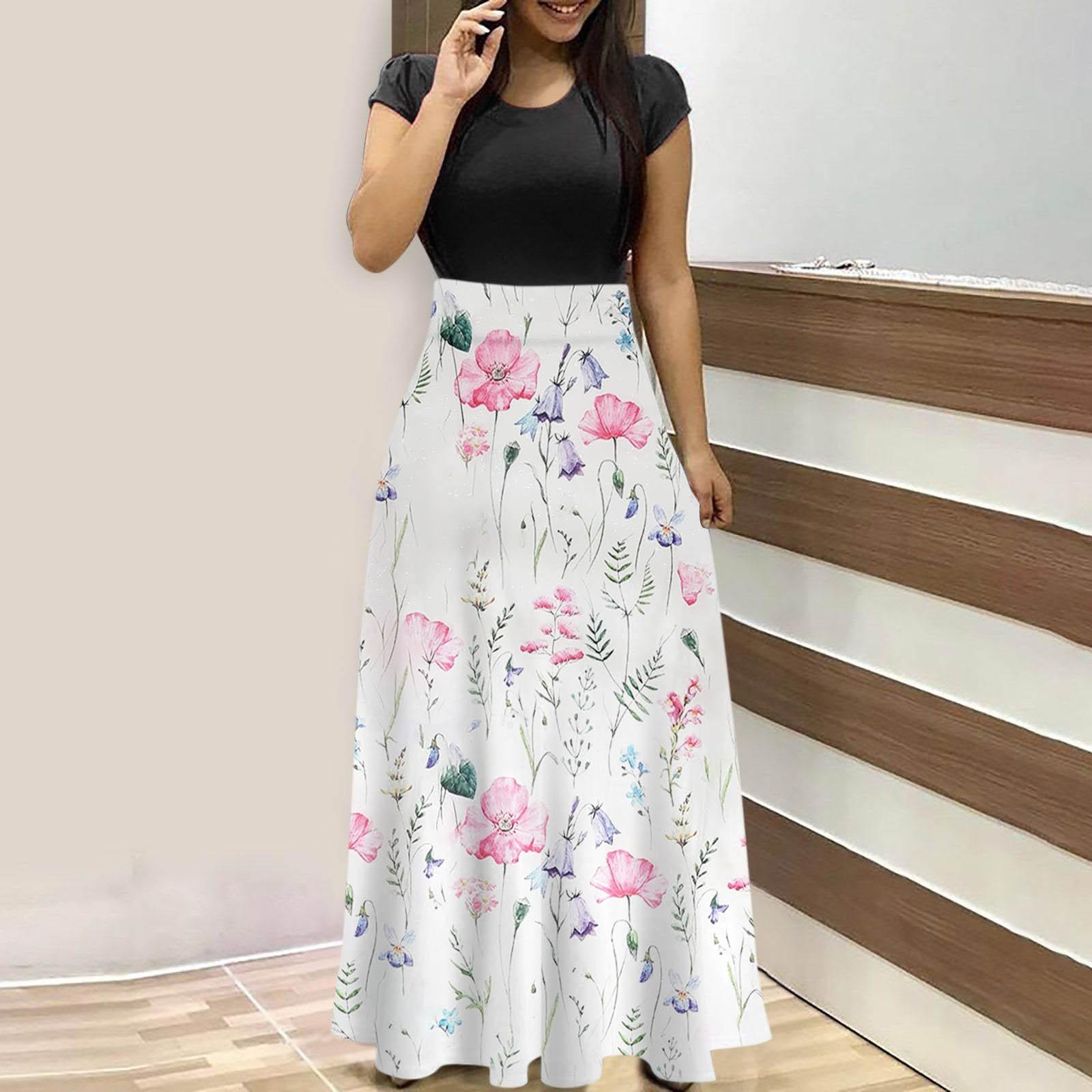 

Женская летняя модная повседневная винтажная макси-юбка с круглым вырезом и коротким рукавом с принтом M розовый