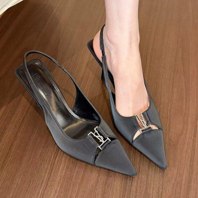 Summer 2025 new niche high-end black bag head sandals rear empty shallow mouth thin heel temperament single shoes women's shoes