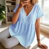 Women Tops V-Neck Short Sleeve Ruffle Splicing Hem Pullover Tops Pure Color Loose Fit A-Line Tee Tops Daily Wear