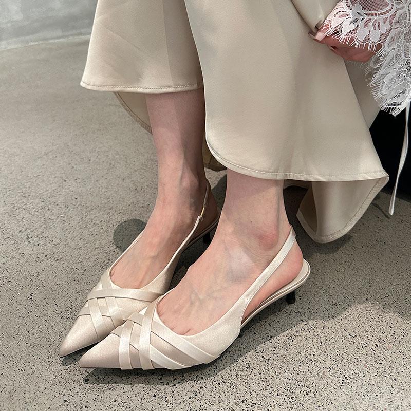 Fashion Silk Fashion Shallow Women Low Heel Pumps Shoes New In Spring Summer Female Slingbacks Footwear Slip On Ladies Thin Heels Shoes