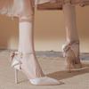 High Heels Women's Summer 2024 New Beautiful Pointed Wedding Shoes Bride Satin Hollow Shallow Mouth Stiletto Sandals Women