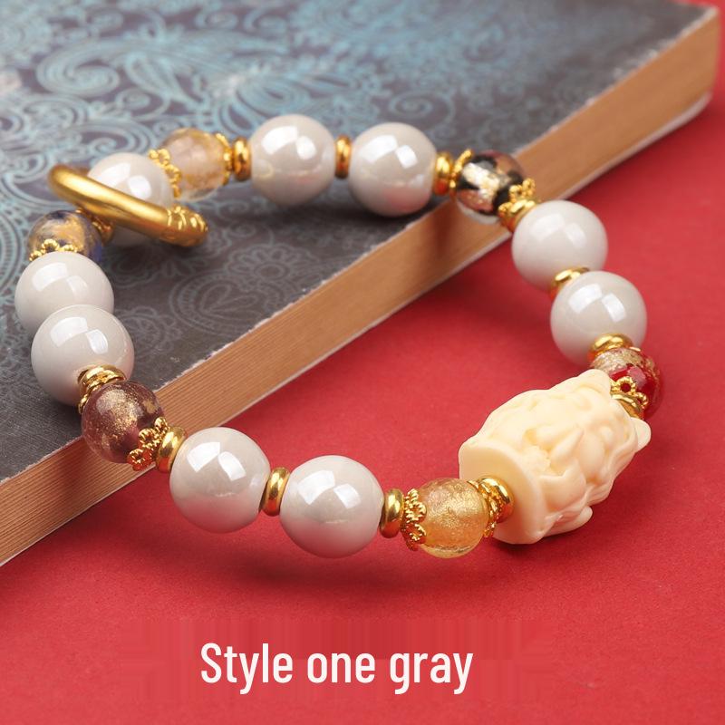 Beijing Nine-Tailed Fox Ceramic Bracelet: Incense Ash Glazed Court Style with Beads