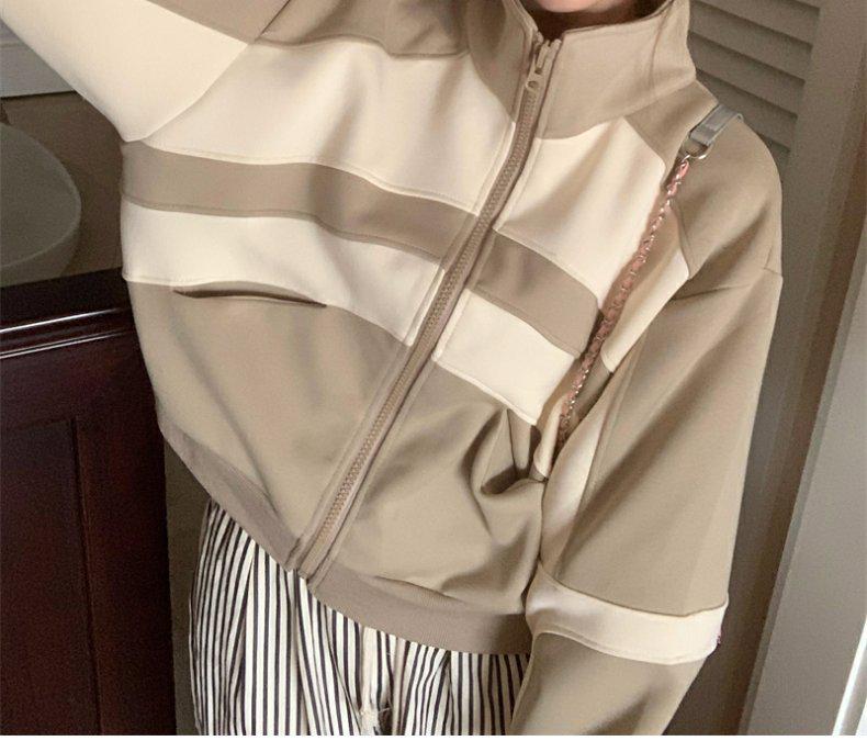 Women's Retro Colorblock Stand-Up Collar Sweatshirt Jacket, Spring/Autumn 2025, Casual Loose Baseball Cardigan.