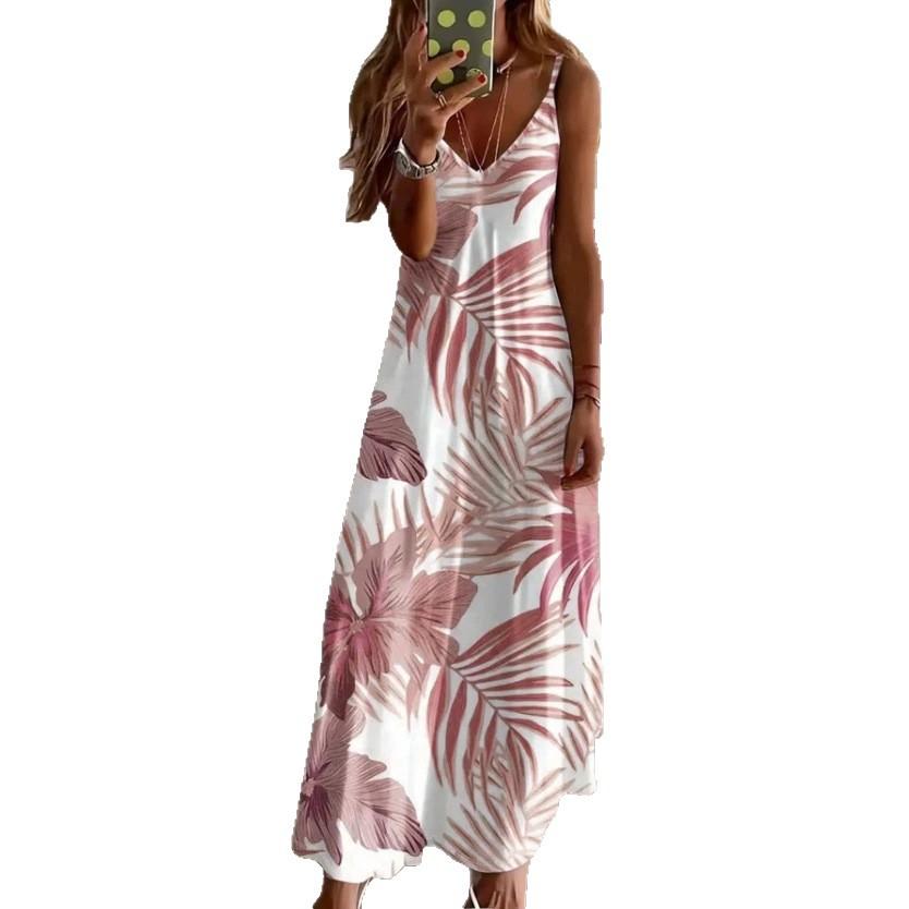 Women's pink brown tropical leaf print suspender long dress V-neck loose drape sleeveless vacation beach looking thin and long