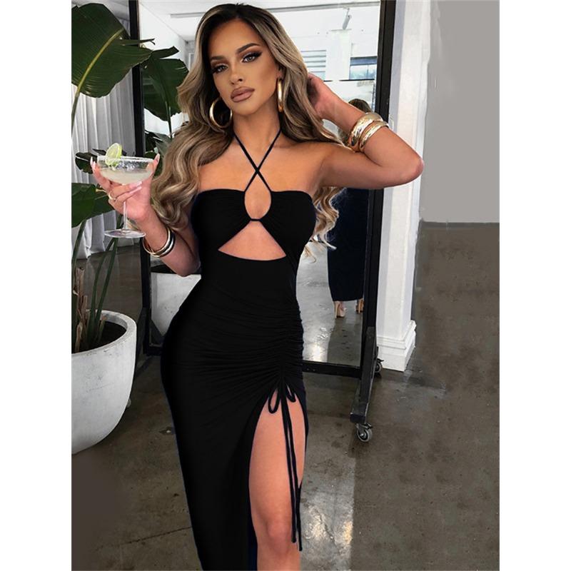 Hollow Out Šaty se stahovací šňůrkou Dámské Bez rukávů Bez Zádové Vysoké Dělené Elegantní Ruched Šaty Vestidos Partywear Župan Sexy Femme