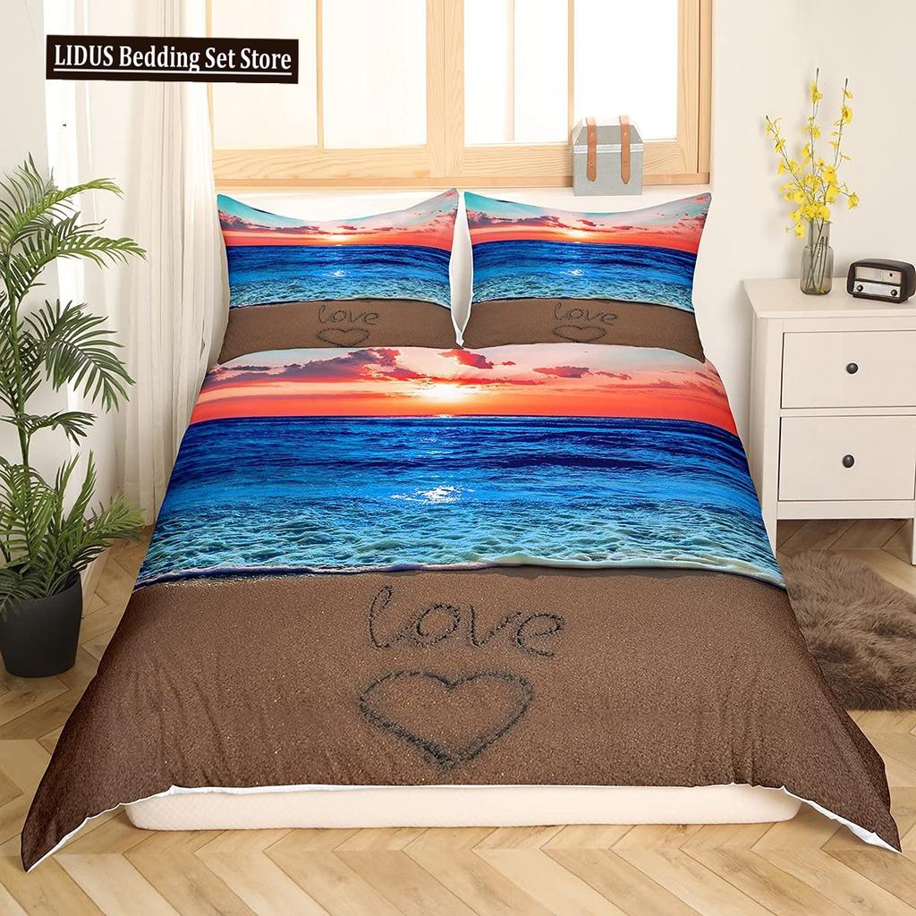 Letni Zestaw Poszwy na Kołdrę Queen Plażowy Zestaw Pościeli Oceanicznej Hawajskie Palmy Życie Morskie Fale Morskie Ryby Nadruk Zestaw Poszwy na Kołdrę