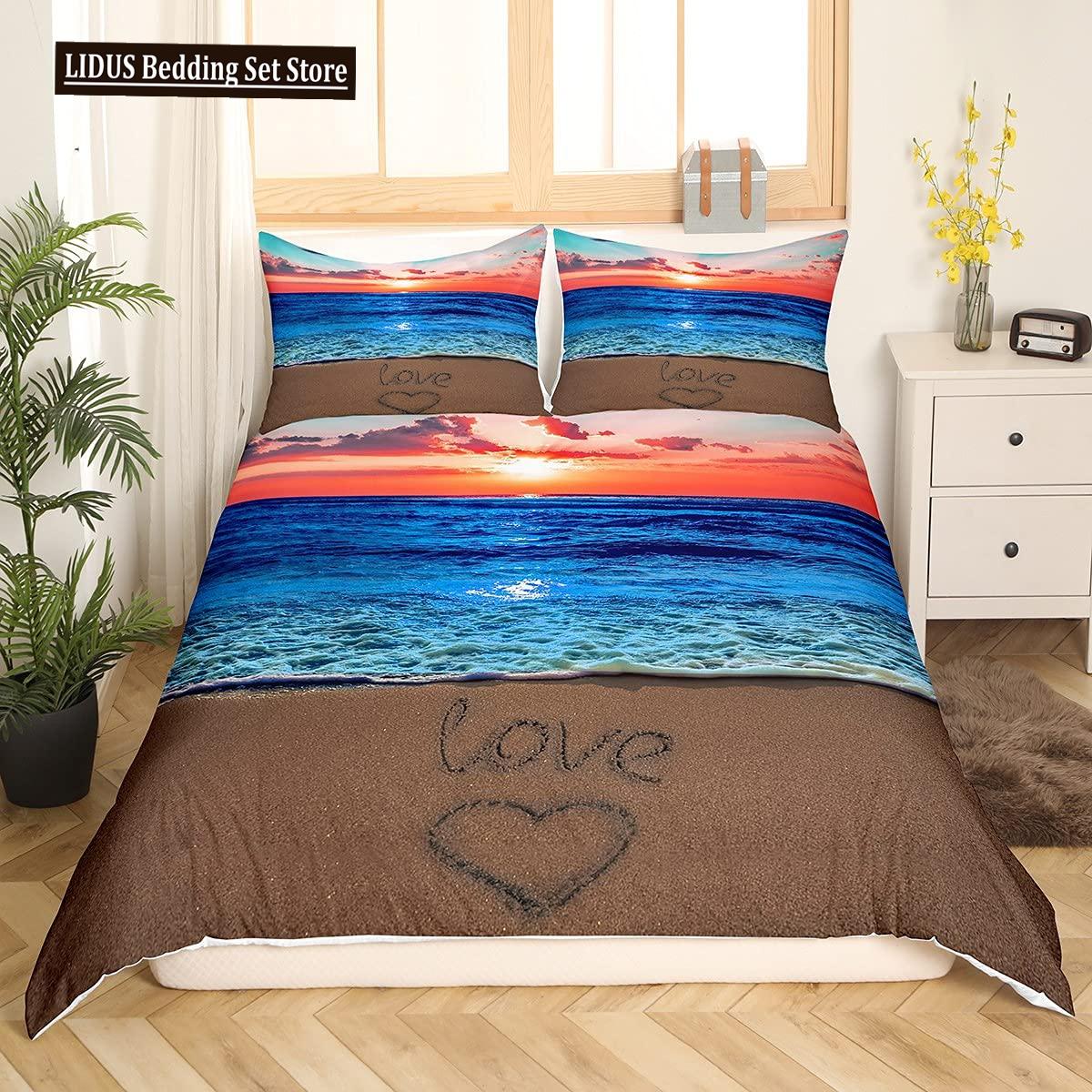 Zomer Strand Dekbedovertrek Set Queen Oceaan Beddengoed Set Hawaïaanse Palmbomen Zeeleven Zeegolven Vis Geprint Dekbedovertrek Set EU single(135x200cm)