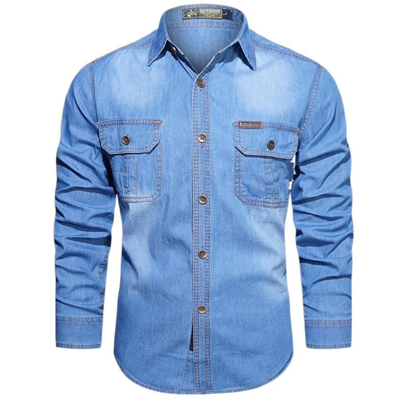 Spring Men Outdoor Multi-pocket Denim Tooling Shirts Man Long-sleeved Denim Shirts Quality Male Cotton Casual Jeans Shirts