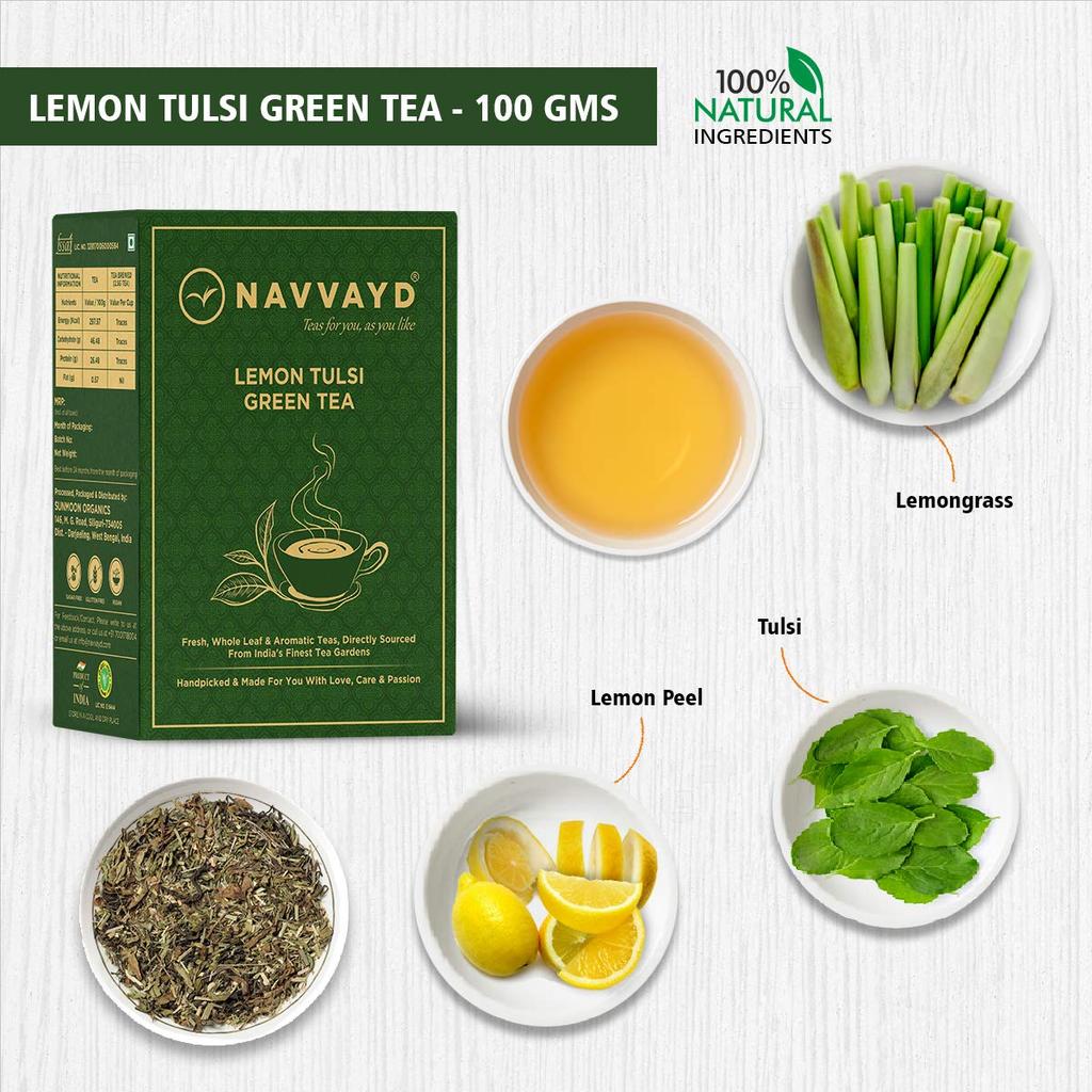 Navvayd Lemon Tulsi Green Tea (100 Gm, 50 Cups) With Real Lemongrass & Lemon Tulsi | Loose Leaf - Enjoy Hot or Cold.
